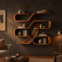 Looping ribbon wall shelves with open compartments on several levels in a dark living room at golden hour