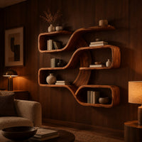 Looping ribbon wall shelves with open compartments on several levels in an evening living room with walnut wall paneling