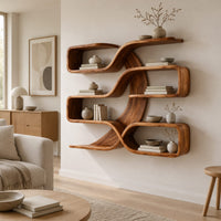 Looping ribbon wall shelves with open compartments on several levels in a Scandinavian living room with white walls