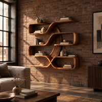 Looping ribbon wall shelves with open compartments on several levels in an industrial loft living room with exposed brick