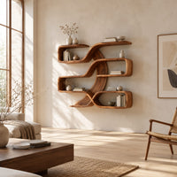 Looping ribbon wall shelves with open compartments on several levels in a bright open plan living room