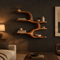 Wall shelf with four open levels joined by a flowing wave form in a dark living room at golden hour