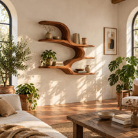 Wall shelf with four open levels joined by a flowing wave form in a bright living room with arched windows and plants