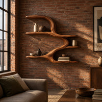 Wall shelf with four open levels joined by a flowing wave form in an industrial loft living room with exposed brick