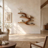 Wall shelf with four open levels joined by a flowing wave form in a bright open plan living room