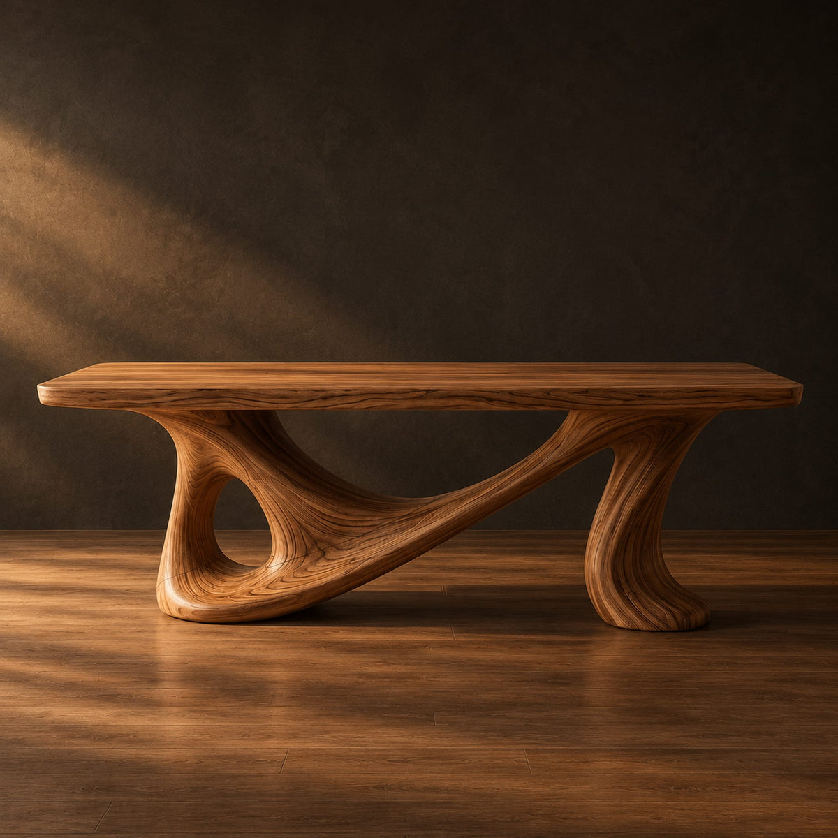 Smooth slab desk on a flowing sculpted base with an oval opening in a dark studio against a charcoal plaster wall