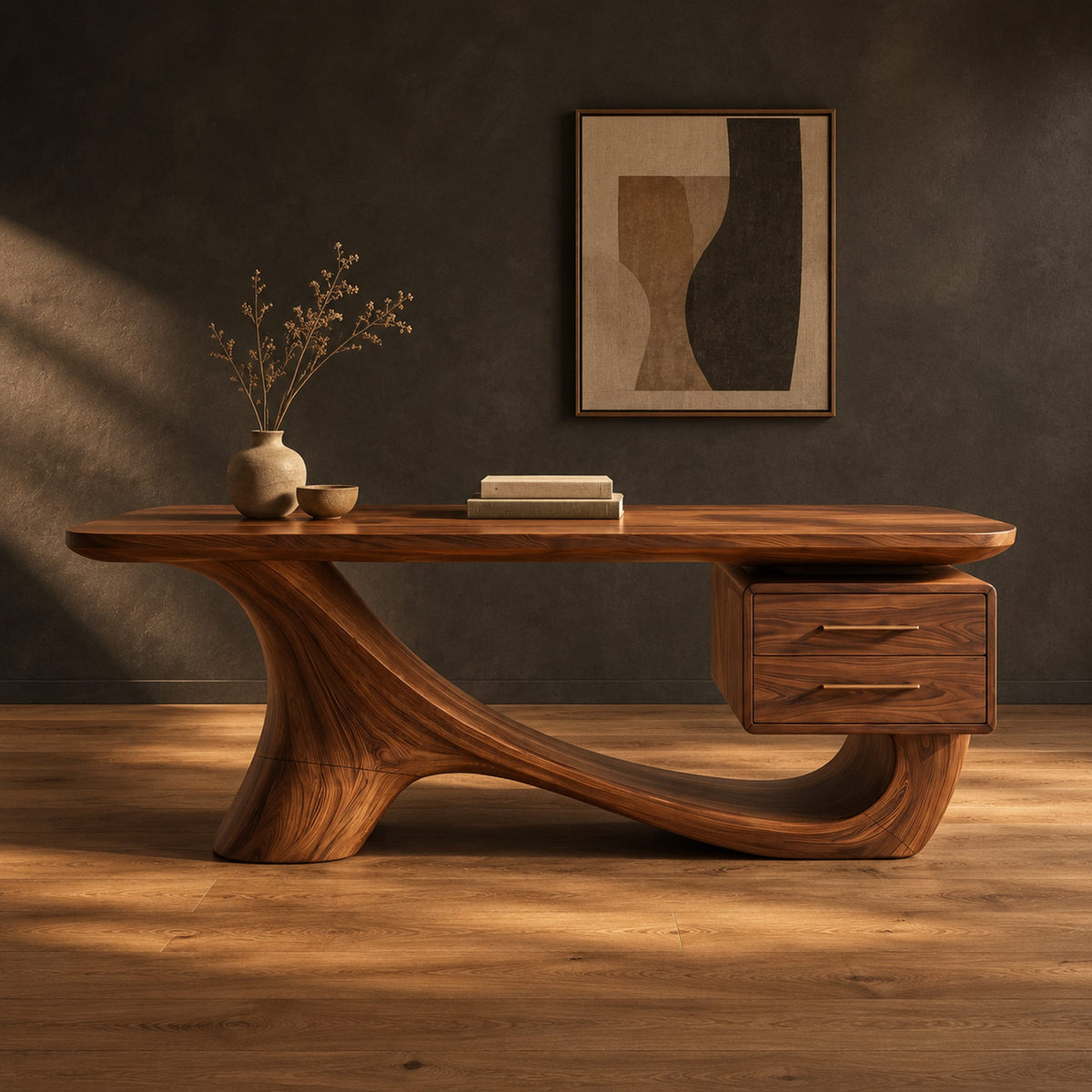 Wooden desk with a flowing sculpted base and two drawers under one end in a dark studio against a charcoal plaster wall