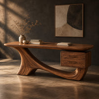 Wooden desk with a flowing sculpted base and two drawers under one end, three-quarter view showing the grain