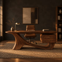 Wooden desk with a flowing sculpted base and two drawers under one end in a dark home office at golden hour