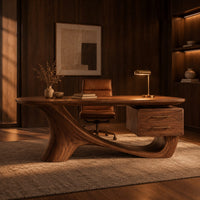 Wooden desk with a flowing sculpted base and two drawers under one end in an evening home office with walnut wall paneling