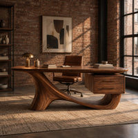 Wooden desk with a flowing sculpted base and two drawers under one end in an industrial loft home office with exposed brick
