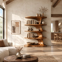 Sculpted bookshelf with wavy tiers joined by swirling columns in a bright open plan living room