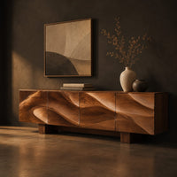 Sideboard with four flowing swirl carved panels on two block feet, three-quarter view showing the grain
