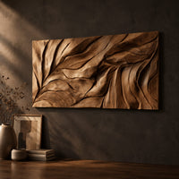 Wide wall art panel carved with flowing leaf vein ridges on a dark charcoal plaster wall