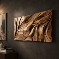 Wide wall art panel carved with flowing leaf vein ridges, three-quarter view showing the carved depth