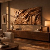 Wide wall art panel carved with flowing leaf vein ridges above a low console in an evening living room