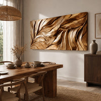 Wide wall art panel carved with flowing leaf vein ridges beside a dining table in natural light