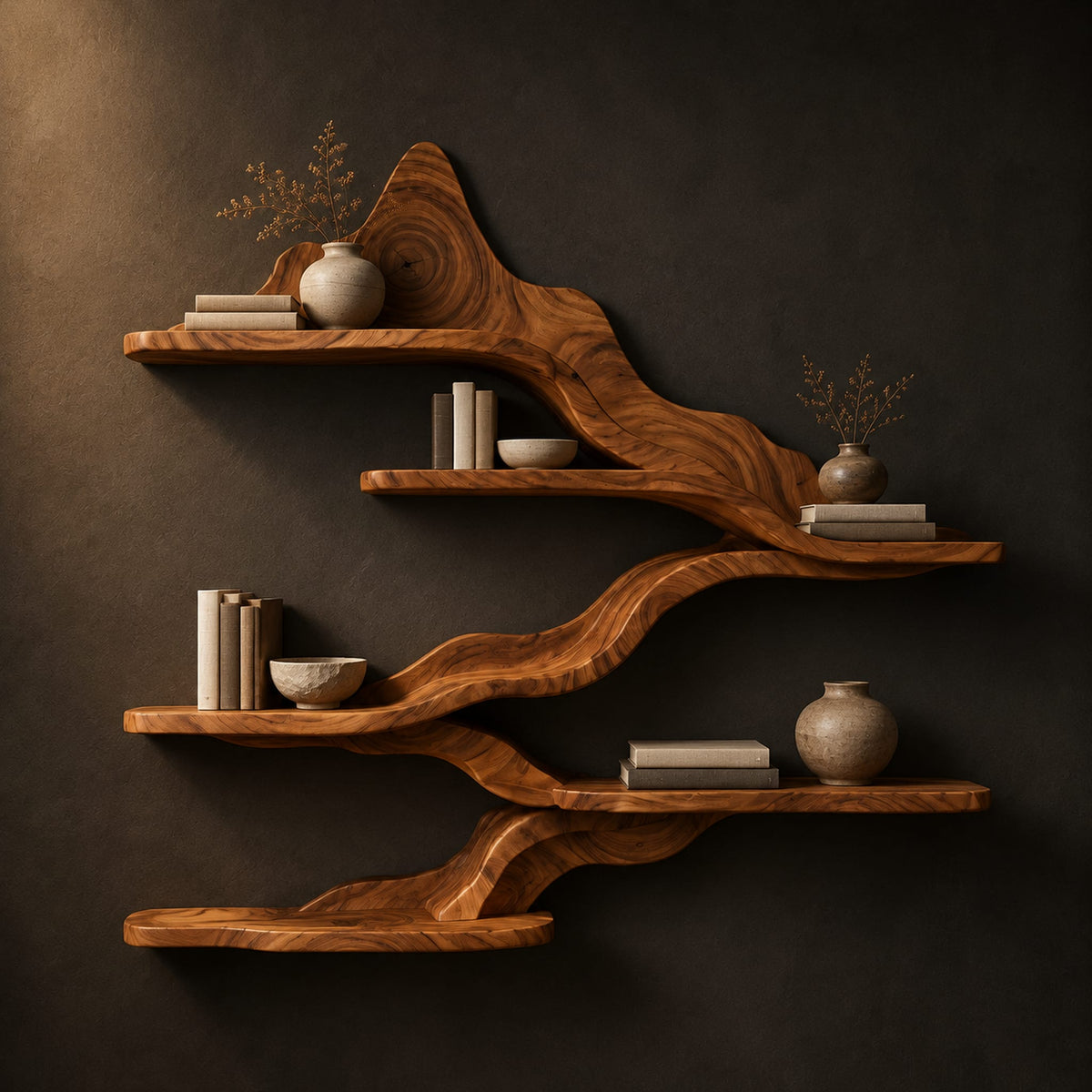 Wavy wall shelves with staggered tiers joined by a flowing band in a dark studio against a charcoal plaster wall