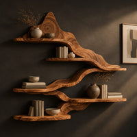 Wavy wall shelves with staggered tiers joined by a flowing band, three-quarter view showing the grain