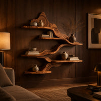 Wavy wall shelves with staggered tiers joined by a flowing band in an evening living room with walnut wall paneling