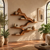 Wavy wall shelves with staggered tiers joined by a flowing band in a bright living room with arched windows and plants
