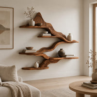 Wavy wall shelves with staggered tiers joined by a flowing band in a Scandinavian living room with white walls