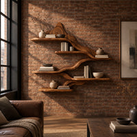 Wavy wall shelves with staggered tiers joined by a flowing band in an industrial loft living room with exposed brick