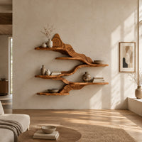 Wavy wall shelves with staggered tiers joined by a flowing band in a bright open plan living room