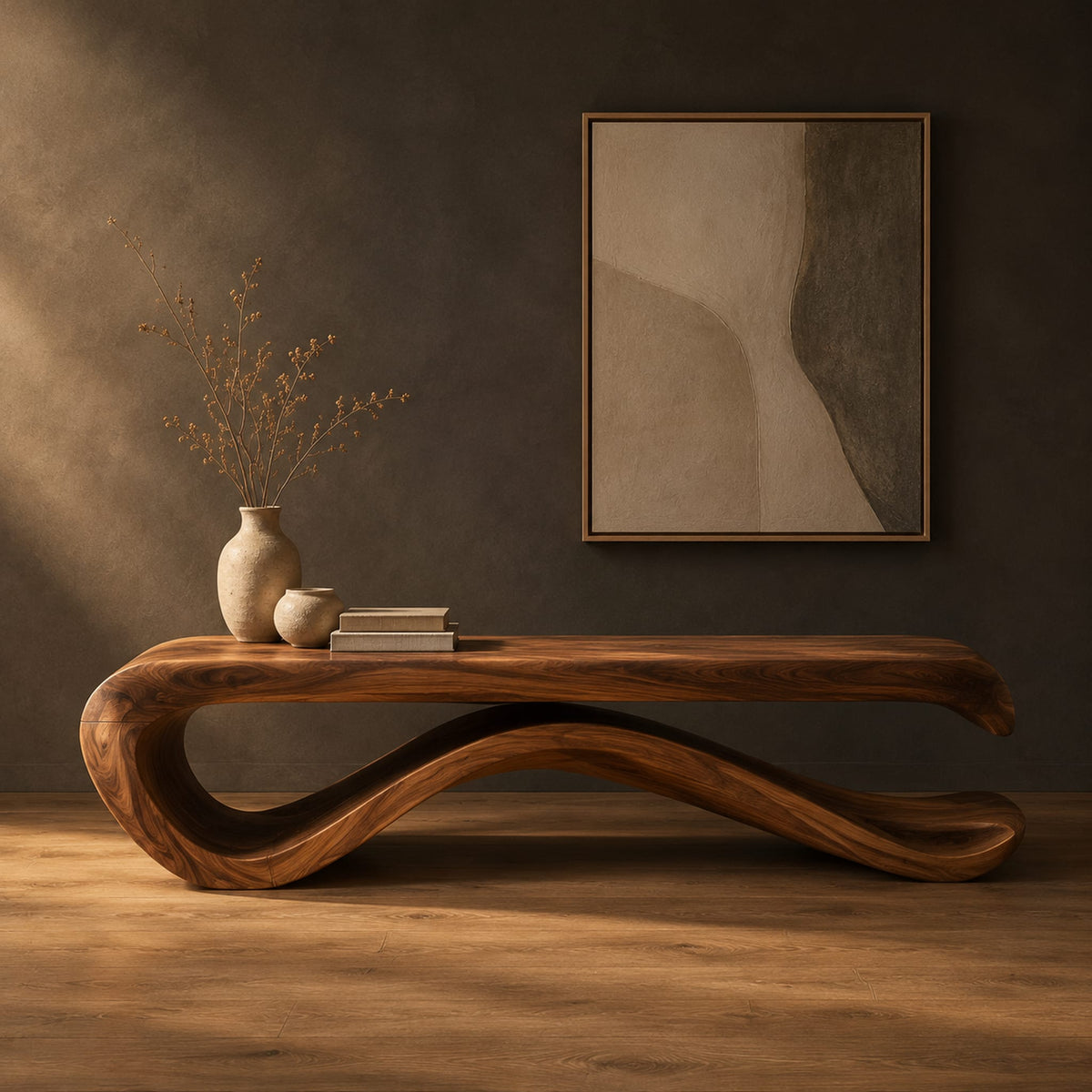 Long bench with a flat slab seat on a flowing wave base in a dark studio against a charcoal plaster wall