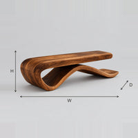 Flowing Wave Base Bench With Long Flat Slab Seat dimension diagram with width, height and depth