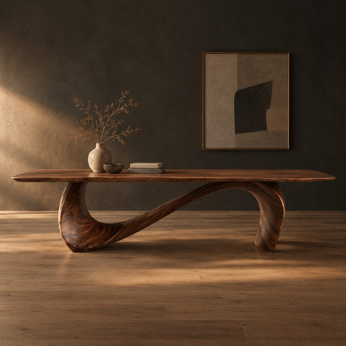 Dining table with a long smooth top on one flowing wave shaped base in a dark studio against a charcoal plaster wall