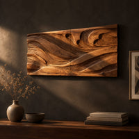 Wide carved wave relief wall panel made of two joined sections on a dark charcoal plaster wall