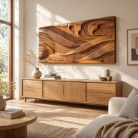 Wide carved wave relief wall panel made of two joined sections above a light oak sideboard in daylight