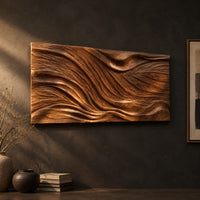 Wide wooden wall art panel with a flowing carved wave relief on a dark charcoal plaster wall