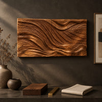 Detail of wide wooden wall art panel with a flowing carved wave relief beside wood, brass and linen samples