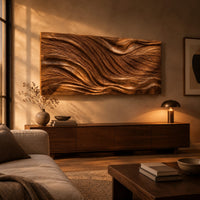 Wide wooden wall art panel with a flowing carved wave relief above a low console in an evening living room