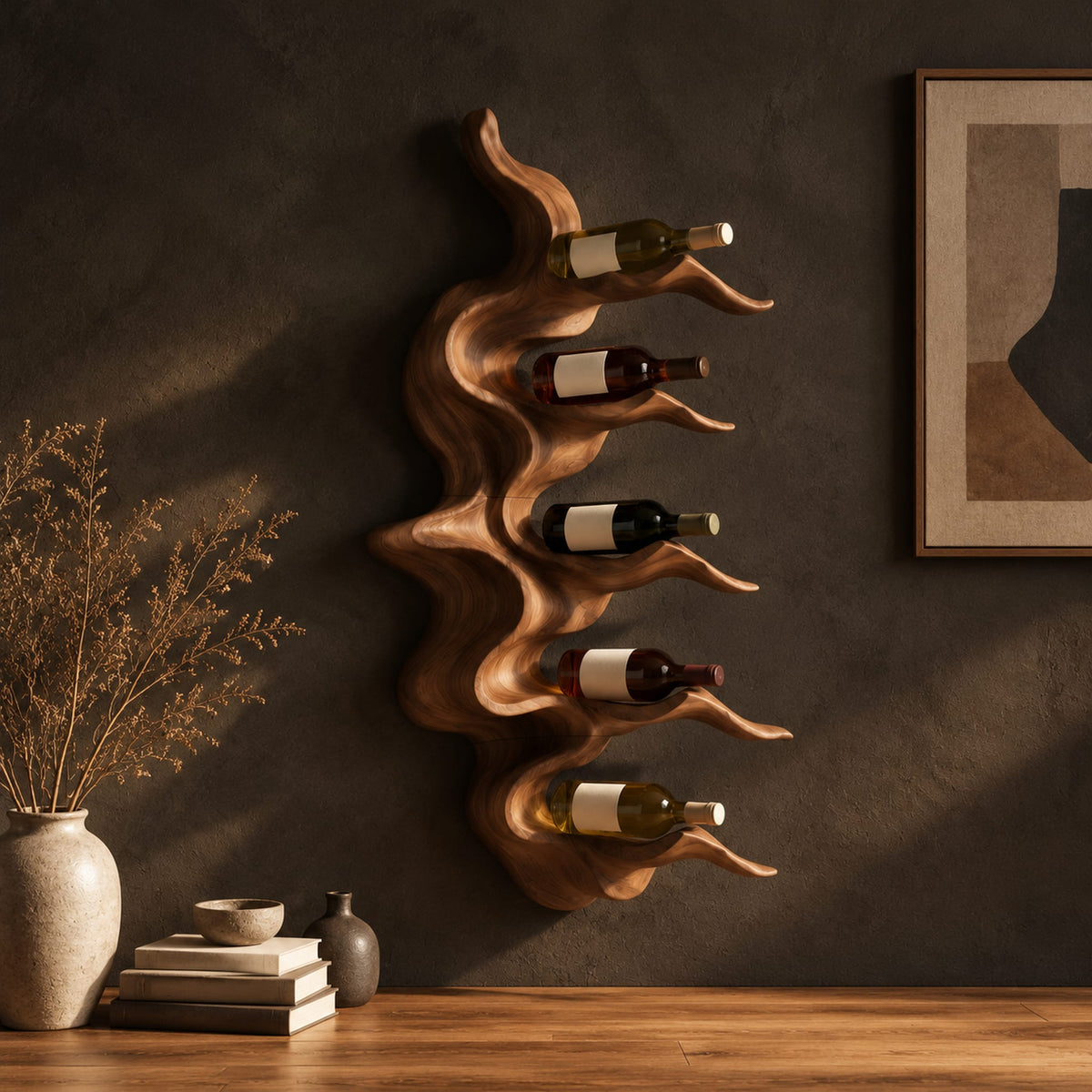 Wavy solid wood wine rack with rippling tiers shaped to cradle bottles in a dark studio against a charcoal plaster wall