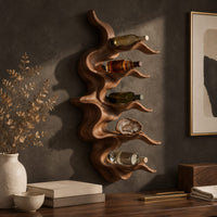 Corner detail of wavy solid wood wine rack with rippling tiers shaped to cradle bottles beside wood, brass and linen samples