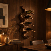 Wavy solid wood wine rack with rippling tiers shaped to cradle bottles in an evening dining room with walnut wall paneling