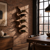Wavy solid wood wine rack with rippling tiers shaped to cradle bottles in an industrial loft dining room with exposed brick