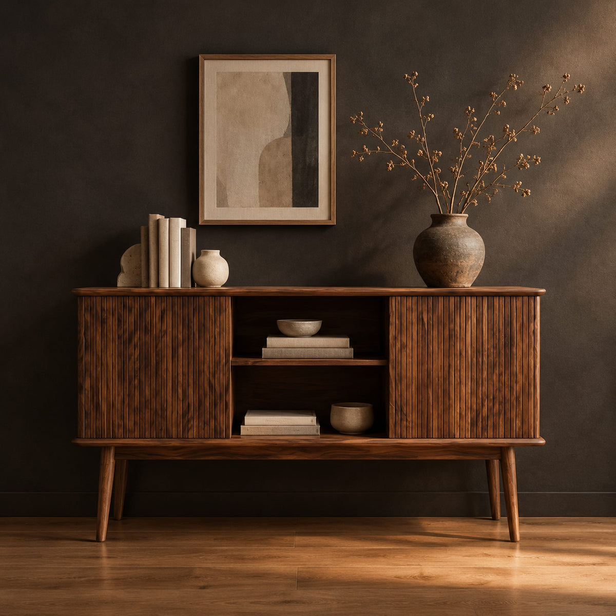 Console cabinet with fluted side doors, an open center shelf and tapered legs in a dark studio against a charcoal plaster wall