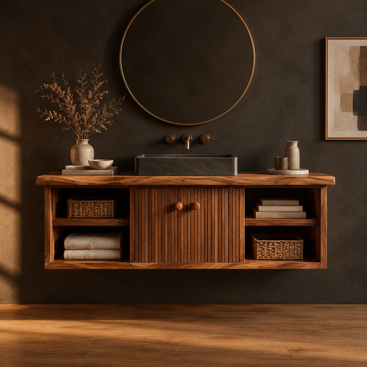 Floating vanity with fluted doors and open side shelves on both ends in a dark studio against a charcoal plaster wall