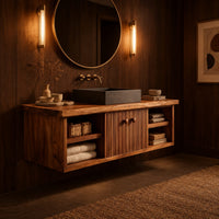 Floating vanity with fluted doors and open side shelves on both ends in an evening bathroom with walnut wall paneling