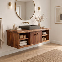 Floating vanity with fluted doors and open side shelves on both ends in a Scandinavian bathroom with white walls