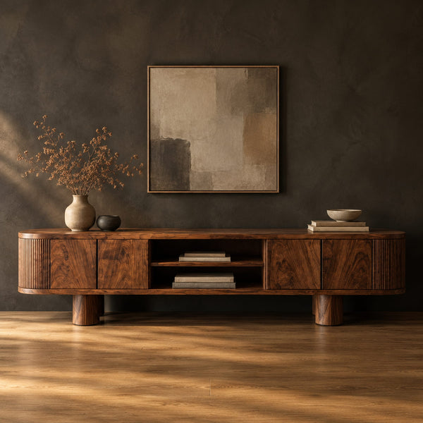 Fluted End TV Stand On Cylinder Feet With Open Center Shelf