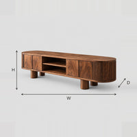Fluted End TV Stand On Cylinder Feet With Open Center Shelf dimension diagram with width, height and depth
