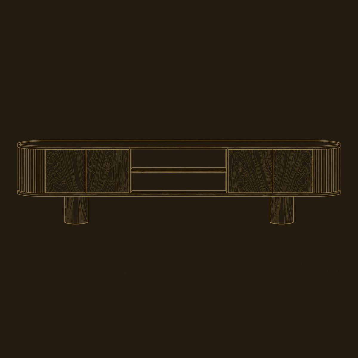 Fluted End TV Stand On Cylinder Feet With Open Center Shelf dimension diagram