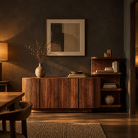 Long fluted sideboard with curved ends and an open shelf tower at one end in a dark dining room at golden hour