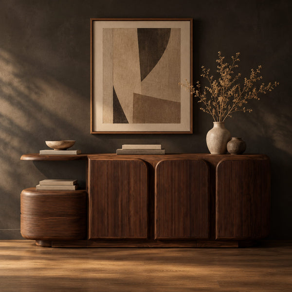Fluted Three Door Sideboard With Curved Ends And Ribbed Side Pod