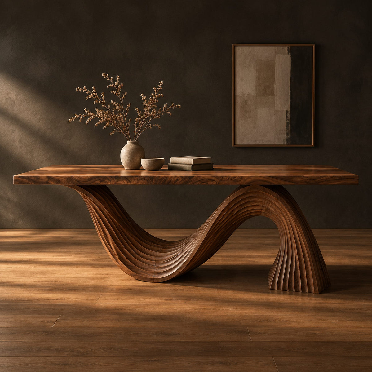 Dining table with a fluted wave shaped pedestal and rectangular top in a dark studio against a charcoal plaster wall